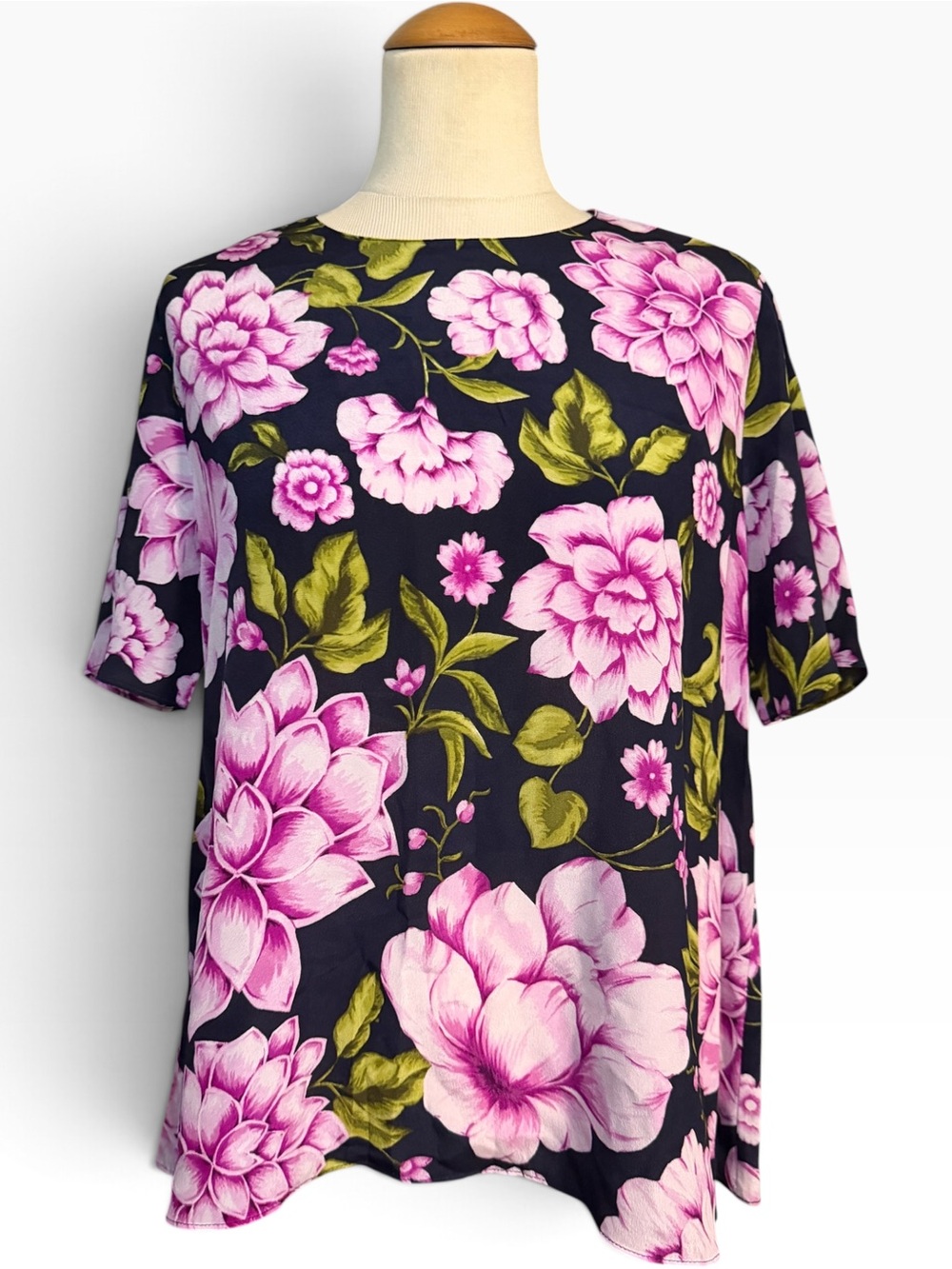 Ann Taylor Silk Floral Blouse Navy Pink Size Small